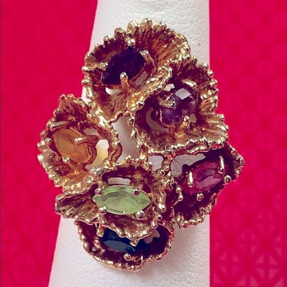Vintage Espo Signed 18kt HGE Green, Pink, Purple, Red & Yellow Stone Ring - Picture 3 of 3
